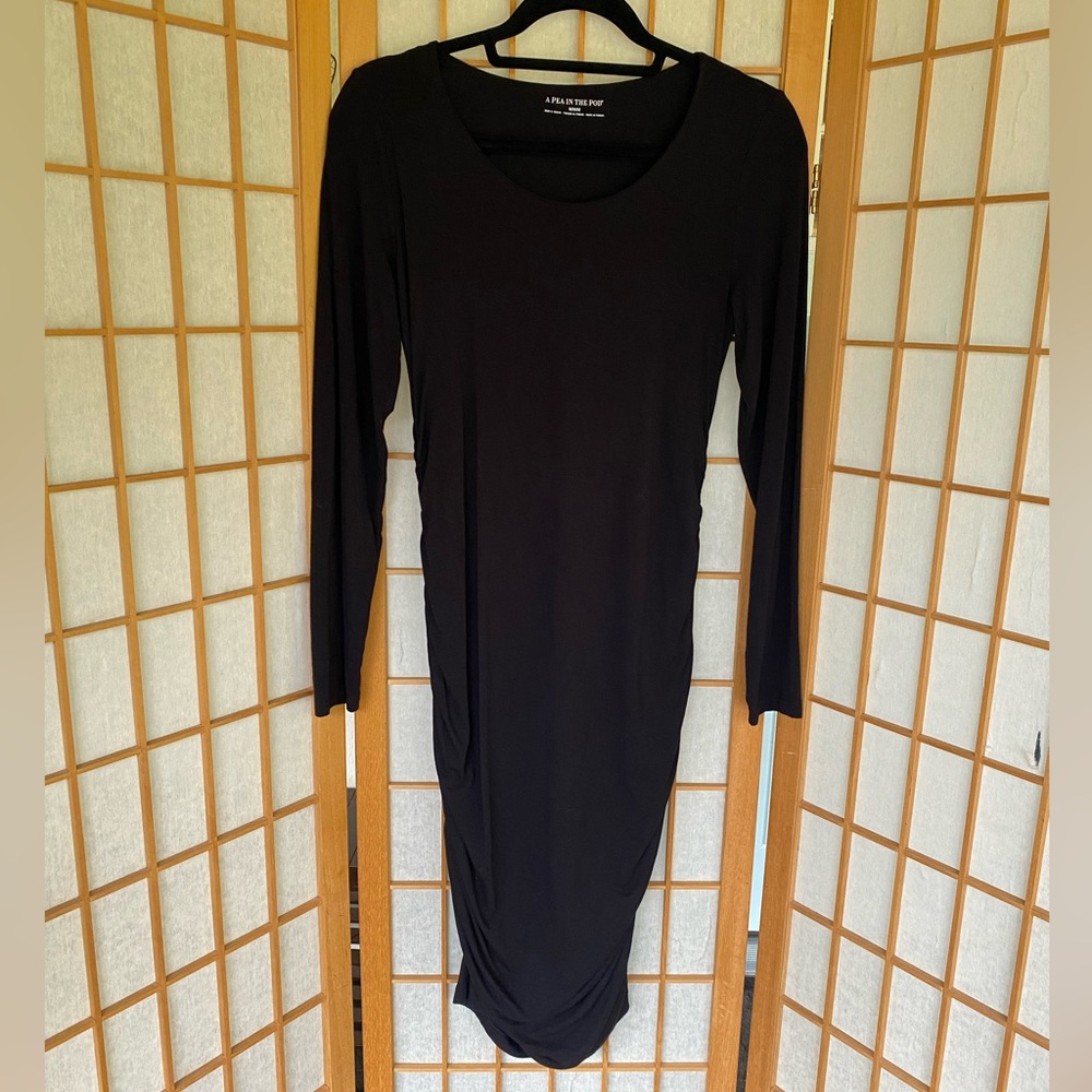 A Pea In The Pod Basic Black Stretch Rouched Long Sleeve Dress SZ M - Picture 3 of 10